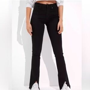 American Eagle Hi Rise Skinny Kick Jeans Size 10 Black Split Hem Stretch Grunge